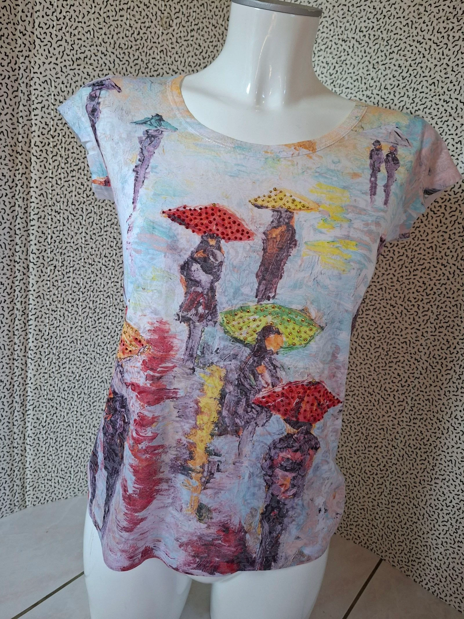 T-shirt femme Ky Création M imprimé artistique dentelle strass multicolore original